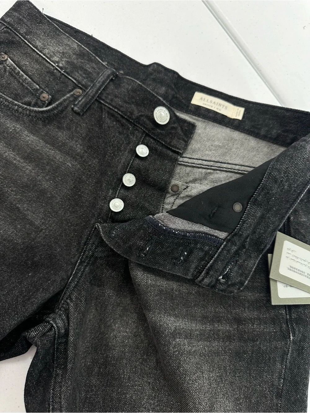 AllSaints Switch Skinny Denim Shorts Washed Black Button Fly Grunge Minimal W30